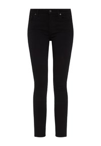 Chude czarne dżinsy wykonane z denimu o gładkiej teksturze. Posiadają zapięcie na guzik i zamek błyskawiczny, pięć kieszeni oraz klasyczne detale szycia.
