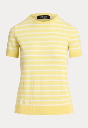 Žltý a biely krátky rukáv s horizontálnymi prúžkami, pletený top s okrúhlym výstrihom a štítkom Lauren Ralph Lauren vo vnútri goliera.