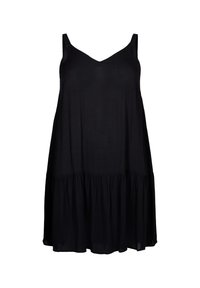 Černé bezramínkové volné šaty s výstřihem do V a zúženým volánkovým lemem, určené pro každodenní nošení.