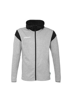 Grå zip-up jakke med sorte detaljer på skuldre, hætte og lommer. Har en høj krave og uhlsport-logo på venstre side.