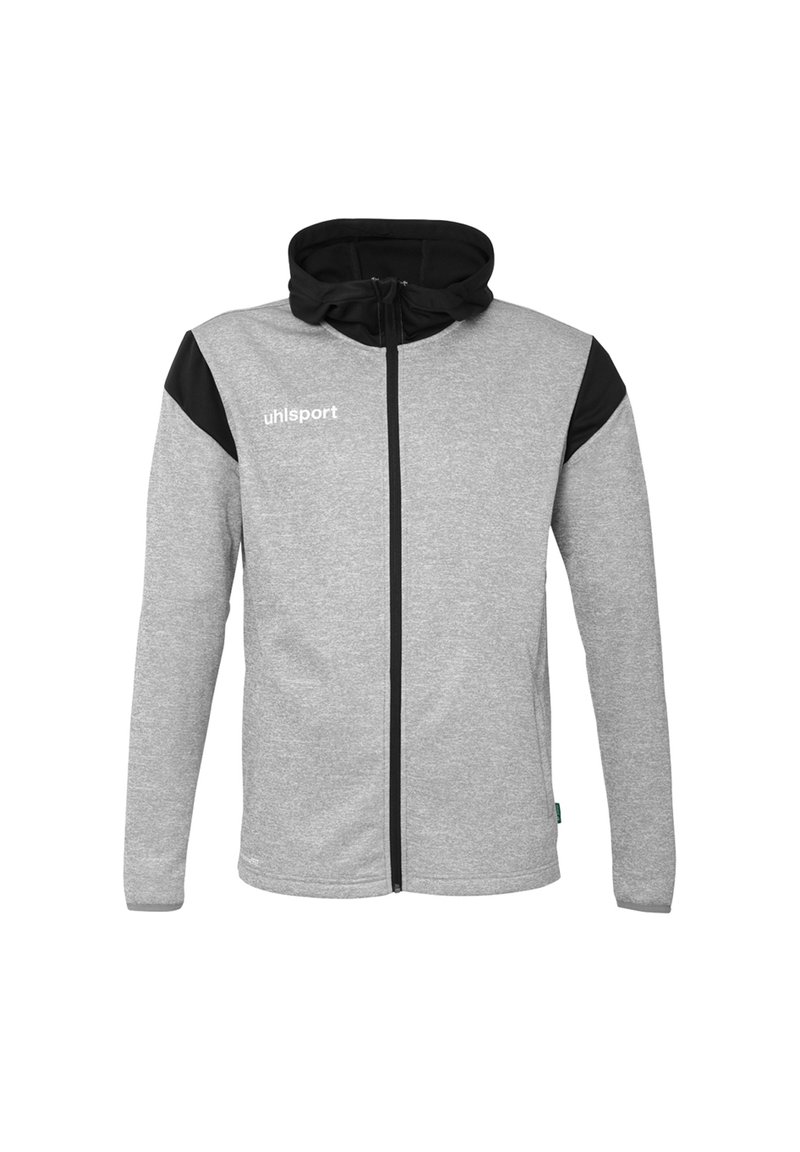 Grå zip-up jakke med sorte detaljer på skuldre, hætte og lommer. Har en høj krave og uhlsport-logo på venstre side.
