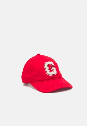 Red baseball cap with a white, stitched letter "G" on the front, displayed against a plain light background.