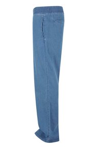 Lyseblå denimbukser med elastisk talje og sidelommer, med et lige ben-design og en afslappet pasform.