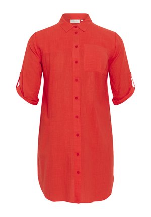 Red linen shirt with a button-down front, short sleeves rolled up, a chest pocket, and a relaxed silhouette.
