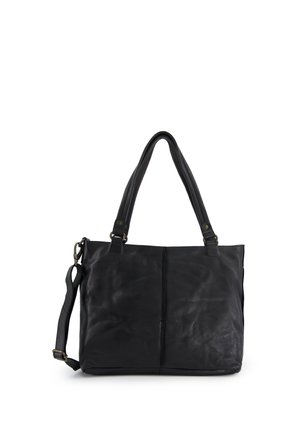 Black leather tote bag with double handles and adjustable shoulder strap, smooth texture, vertical seam down center front.