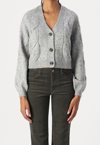 Grijze cropped cardigan met kabelgebreid patroon, V-hals en vier knopen aan de voorkant. Lange, getailleerde mouwen met geribbelde manchetten. Draagt over donkergroene broek.