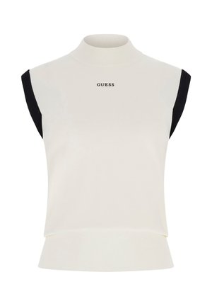 Haut sans manches en maille blanche avec bordures noires aux bras, col montant et logo "GUESS" centré sur la poitrine.