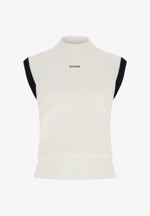 Haut sans manches en maille blanche avec bordures noires aux bras, col montant et logo "GUESS" centré sur la poitrine.