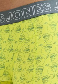 Men's boxer briefs in neon yellow cotton with repeated gray skull graphic prints, featuring a gray waistband with "JONES" lettering.