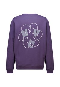 Paarse sweatshirt met een wit abstract floral ontwerp op de achterkant, met zes gebogen bloemblaadjes en overlappende blokletters.