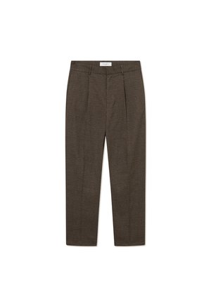 Braune Karohosen mit Falten, aus strukturiertem Material. Sie verfügen über einen taillierten Bund und zulaufende Beine für einen eleganten Look.