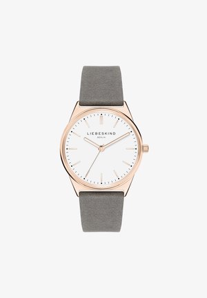 Roze-gouden horloge met een witte wijzerplaat en een grijs leren band. Beschikt over eenvoudige uurmarkeringen en een minimalistisch ontwerp.