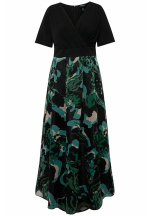 Black and green floral maxi dress with a wrap design, short sleeves, and a smooth fabric texture. Features a full skirt and back zipper.