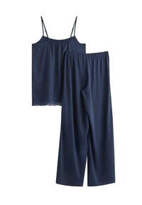 Navy blue pajama set featuring a camisole with thin straps and lace accents at the hem, paired with loose-fitting, elastic waistband pants.