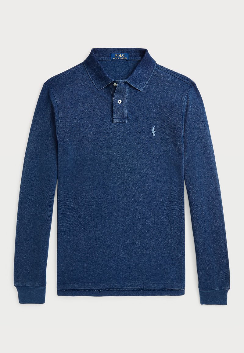 Navy blue long-sleeve polo shirt made of soft cotton blend with a buttoned collar and a small embroidered logo on the left chest.