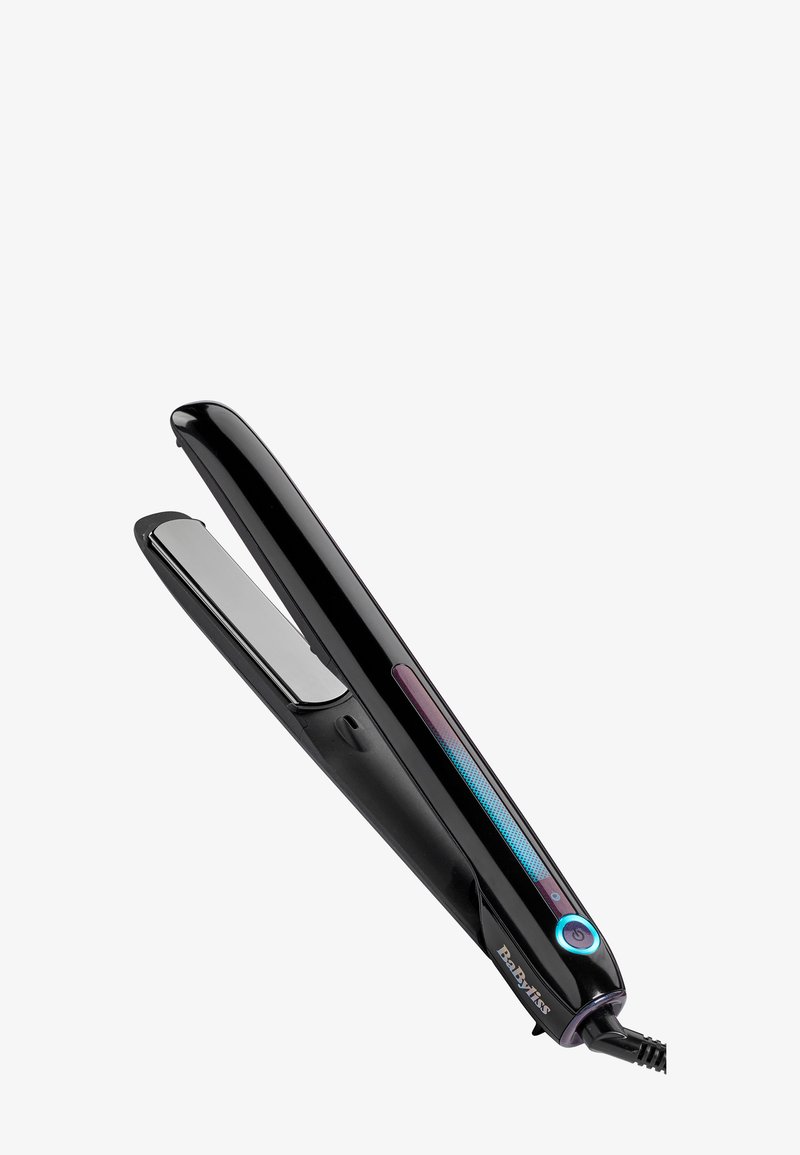 Lisseur à cheveux BaByliss noir avec affichage numérique de la température et bouton d'alimentation illuminé en bleu, cordon attaché à la base.