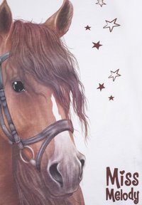 Brown horse head illustration with long, wavy mane and bridle on a white background. Brown and white stars, with "Miss Melody" text in brown.