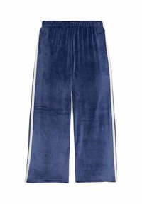 Pantaloni a gamba larga in velluto blu navy con strisce bianche ai lati e vita elasticizzata, caratterizzati da una morbida texture pelosa.