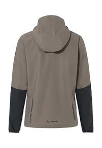 Giacca impermeabile leggera color beige con maniche nere, cappuccio regolabile e logo discreto. Presenta un design elegante e materiale traspirante.