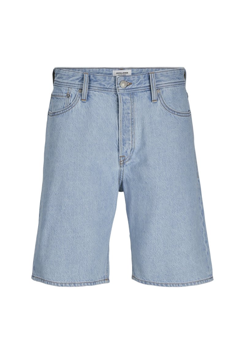 Ljust blå denimshorts med femficksdesign, knappstängning och rak skärning. Har synlig sömnad och en mjuk textur.