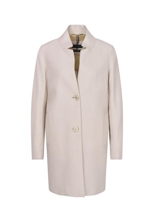 Helle beige Jacke aus weichem Stoff, mit Reverskragen, zwei Knöpfen, Seitentaschen und geradem Schnitt. Glatte Textur mit einem schlichten Design.