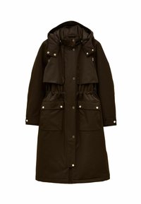 Pikk, pruun veekindel jakk eemaldatava kapuutsiga, elastse vöökoha ja kahe esiktaskuga, millel on nupuvajutuse sulgemised.