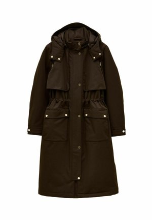 Ein langer, brauner wasserdichter Mantel mit abnehmbarem Kapuzen, elastischem Bund und zwei Vordertaschen, ausgestattet mit Druckknopfverschluss.