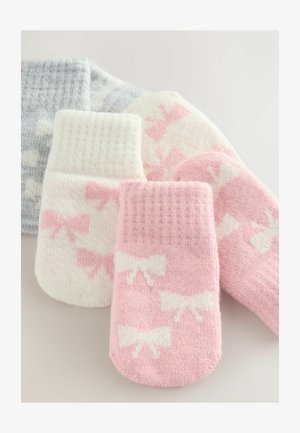 Neulotut sukat harmaana, valkoisena ja vaaleanpunaisena, joissa on nauhapainatus. Pehmeä rakenne ja ribbireunukset, sekä vaihteleva väri jokaisessa sukassa.