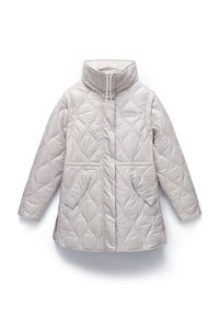 Prošívaná lehce béžová péřová bunda s vysokým límcem, dvěma předními kapsami a nastavitelným stahovacím šňůrkem. Hladká, lesklá látka.