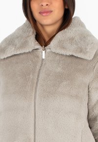 Giacca in finta pelliccia di grigio chiaro, con un ampio colletto morbido, chiusura con zip e superficie texturizzata per il calore.