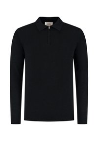 Zwarte gebreide pullover met lange mouwen, ritskraag en geribbelde zoom. Zachte textuur en minimalistisch ontwerp, geschikt voor casual kleding.