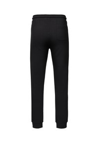 Pantalones jogger negros hechos de tela de mezcla de algodón, con cintura ajustable con cordón, piernas cónicas y un solo bolsillo trasero.
