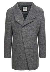 Grijze wollen mix jas met een kraag, asymmetrische sluiting en twee drukknoopjes. Beschikt over lange mouwen en een gestructureerde stof. Geen zakken.