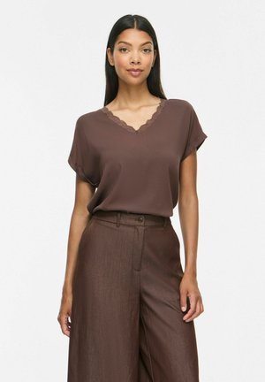 VILA SHORT SLEEVED TOP VIGENIA V-NECK - T-shirt print - fondue fudge