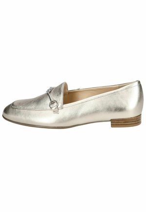 Metallic silver loafers with a smooth texture, featuring a decorative hardware accent and a low wooden heel. Classic design.