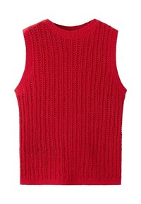 Rotes ärmelloses, gestricktes Weste mit vertikalem Lochmuster und geripptem Rundhalsausschnitt, Saum und Armlöchern.