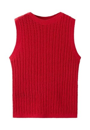Rood mouwloos gebreid vest met verticale opengewerkte patroon en geribbelde ronde hals, zoom en armsgaten.
