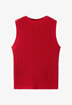 Crvena pletena prsluk bez rukava s okomitim otvorenim uzorkom i rebrastim okruglim izrezom, rubom i otvorima za ruke.