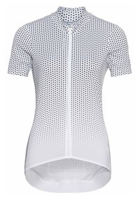 Cyklistický dres s krátkým rukávem v bílé barvě, zdobený puntíkovaným vzorem různých velikostí, s předním zipem a mírně prodlouženým zadním lemem.