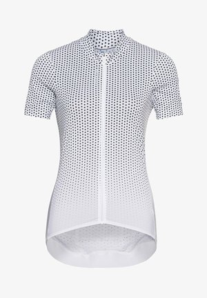 Koszulka kolarska z krótkim rękawem w kolorze białym, z wzorem w kropki o różnych rozmiarach, z przodu na zamek błyskawiczny oraz nieco dłuższym tyłem.