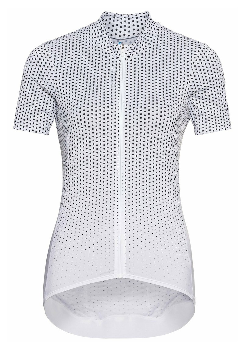 Cyklistický dres s krátkým rukávem v bílé barvě, zdobený puntíkovaným vzorem různých velikostí, s předním zipem a mírně prodlouženým zadním lemem.