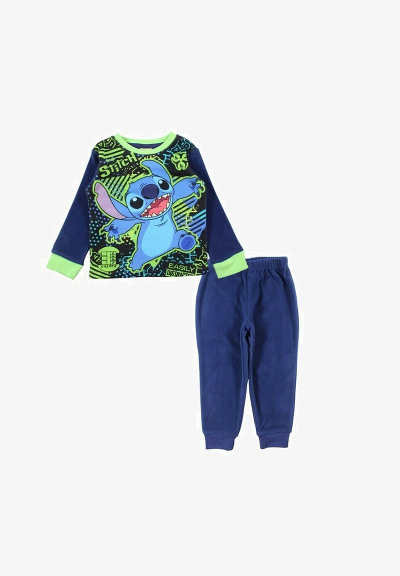 Ensemble pyjama deux pièces comprenant un haut à manches longues avec un motif coloré de Stitch sur fond noir et vert, accompagné d'un pantalon uni bleu marine.
