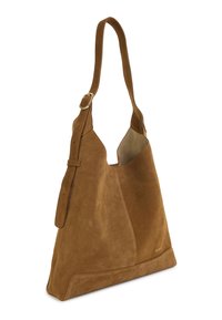 Sac à épaule en daim marron au design souple, doté d'une bandoulière réglable et d'une texture lisse. Comprend un subtil accent doré.
