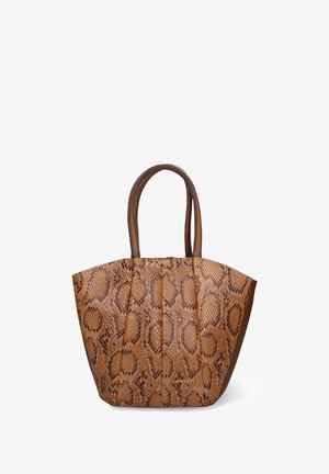Borsa tote marrone con stampa effetto pelle di serpente, dotata di doppi manici, design strutturato, superficie testurizzata e un piccolo dettaglio logo sulla parte anteriore.