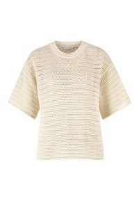 Sweter robiony na drutach w kolorze kremowym, z przewiewnym, otwartym splotem, krótkimi rękawami i okrągłym dekoltem wykończonym ściągaczem.