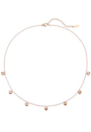 Delicate rose gold chain necklace with seven small heart-shaped charms evenly spaced along the chain and a lobster clasp closure.