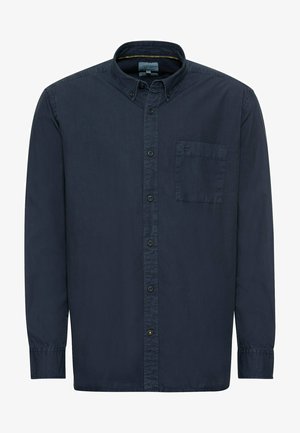 Navy blue button-up shirt made of cotton. Features a standard collar, long sleeves, a single chest pocket, and subtle stitching details.