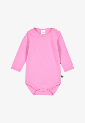 Vauvan pitkähihainen body kiinteässä vaaleanpunaisessa värissä, jossa nepparikiinnitys olkapäällä ja haarassa, valmistettu pehmeästä puuvillakankaasta.