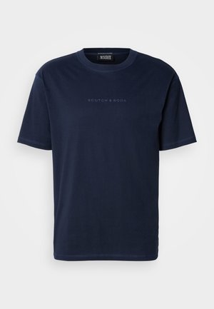 Navy blue cotton t-shirt with a round neck, short sleeves, and a subtle brand logo printed on the front. Smooth texture with standard fit.