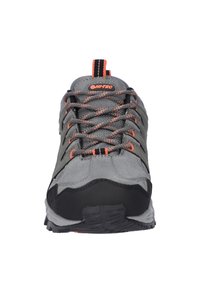 Gray suede and mesh outdoor shoe with black rubber sole, orange accents, and gray laces. Features a padded tongue and heel for comfort.